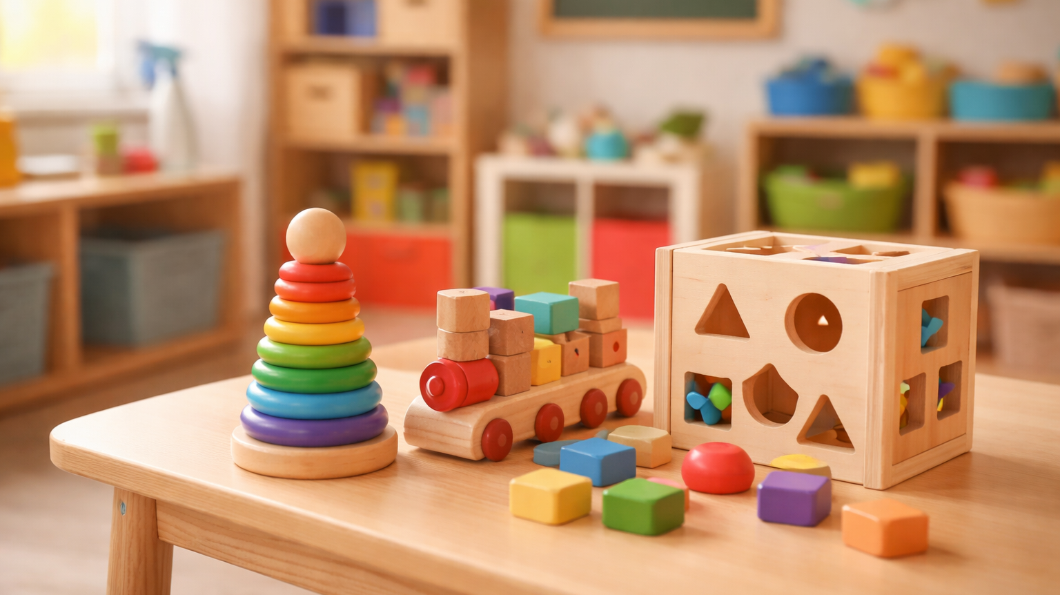 Jouets éducatifs en bois utilisés en service de garde, illustrant les bonnes pratiques d’hygiène et d’entretien