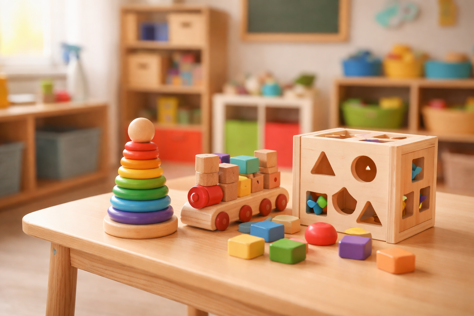 Jouets éducatifs en bois utilisés en service de garde, illustrant les bonnes pratiques d’hygiène et d’entretien